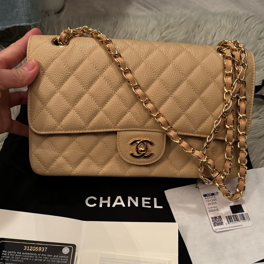 Beige Quilted Shoulder Bag with Gold Chain
